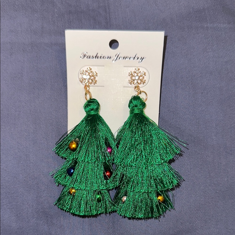 Green Tassel Christmas Tree Earrings